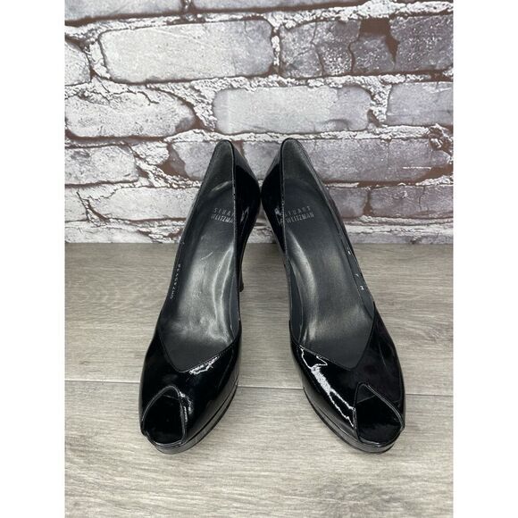 Stuart Weitzman Black Patent Leather Peep Toe Stiletto Heels Women 7M US/37.5EU - Picture 15 of 16